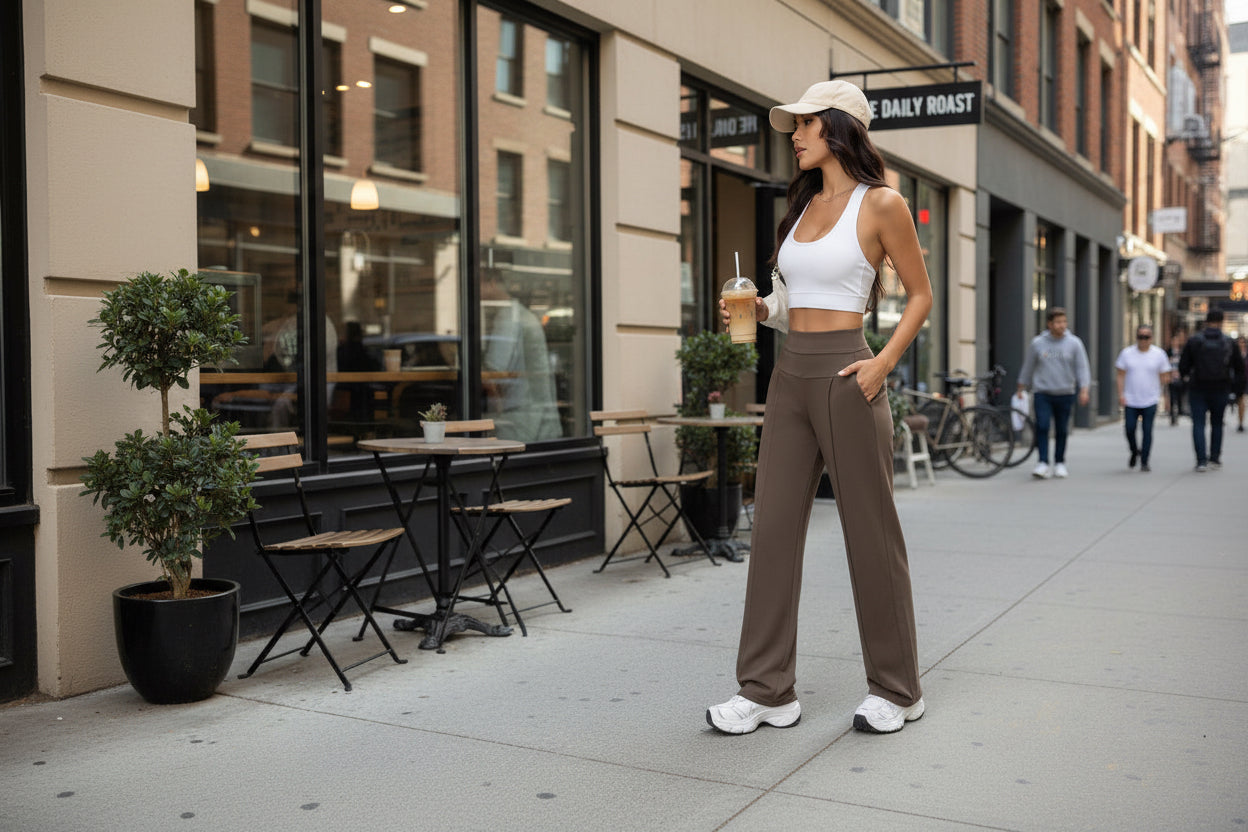 Woman wearing a white crop top and brown high-waisted pants in a room with a bed and plant.